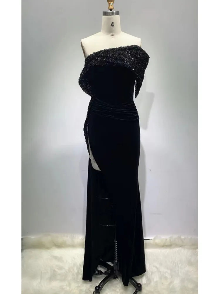 Robe longue moulante sexy à épaules dénudées et paillettes en velours noir pour femme, tenue de soirée élégante, nouvelle collection hiver 2022