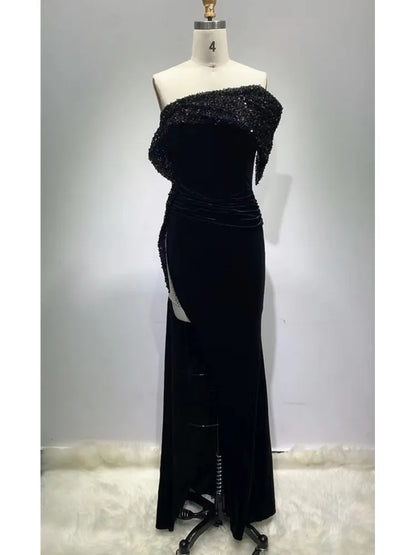 Vestido largo ajustado de terciopelo negro con hombros descubiertos y purpurina para mujer, vestido elegante de fiesta, noche y boda, para invierno, 2022