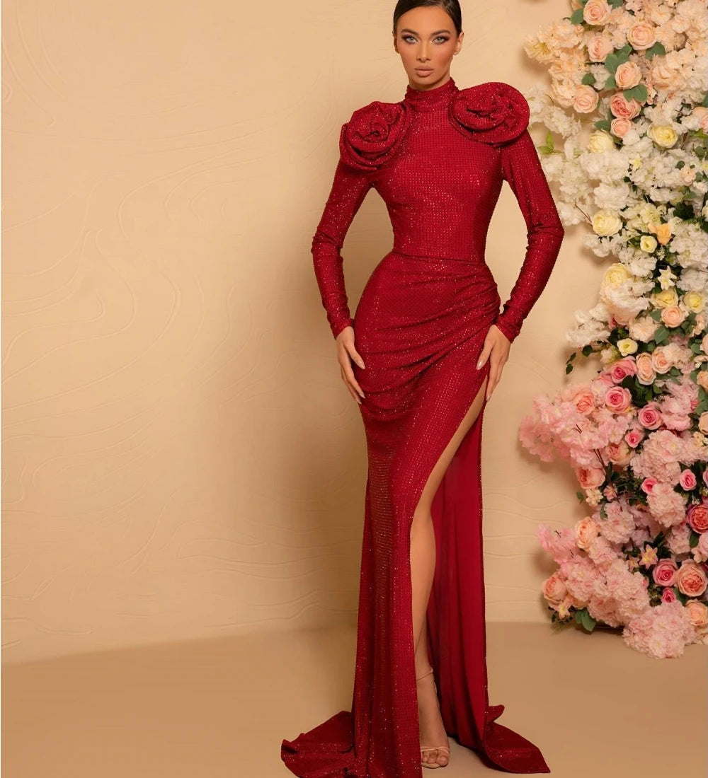 Jiayigong  Prom Satin Flower Clubbing Column High Collar Bespoke Occasion Gown Long Dresses