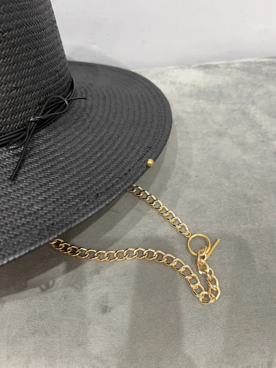 2023 summer new arrival RB straw hat black chain strap fedora hat for women  Sunshade Beach Hat Ladies