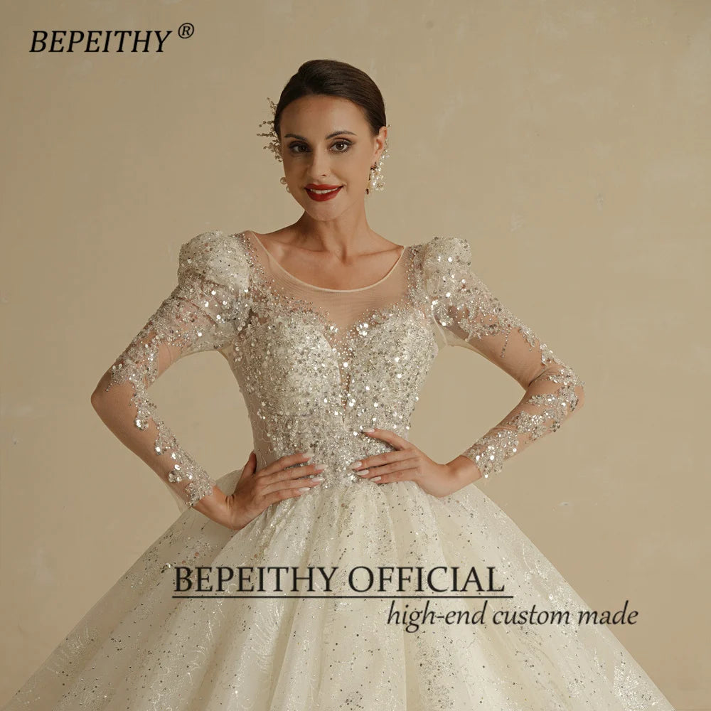 BEPEITHY Exquisite Princess Glitter Wedding Dresses For Women 2022 Bride Ivory Full Sleeves Open Back Shinny Ball Bridal Gowns