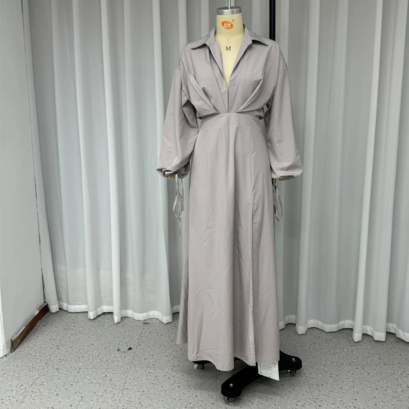 Ellafads 2024 Femmes Maxi Robe D'été Décontracté Revers Solide Col En V À Manches Longues Lâche À Lacets Dos Nu Fente Vacances Robes Streetwe