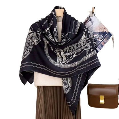 Black Horse Print Cashmere Silk Wool Scarf Winter Soft Warm Shawl Head Stole Wrap Bandana for Women Scarves 135cm