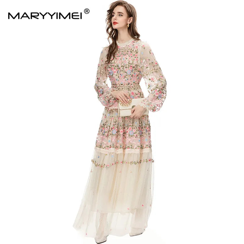 MARYYIMEI New 2023 Vintage Fashion Designer Dress Women's Mesh Embroidered Translucent Lantern Sleeve Slim White Long Dress