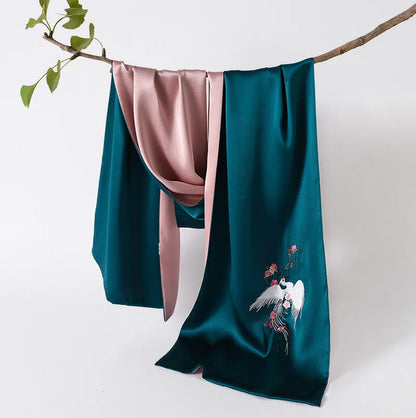 Écharpe Hijab brodée 100 % soie pour femme, marque de luxe, double épaisseur, longue taille, châles et écharpes en satin, printemps-automne, 150 x 35 cm