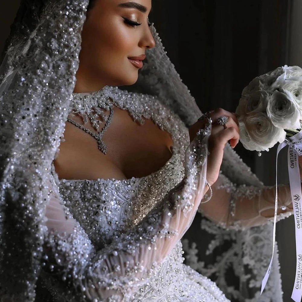 Vestido de novia modesto de cuello alto con lentejuelas brillantes y cuentas, vestido de novia de lujo con perlas, vestido de novia largo