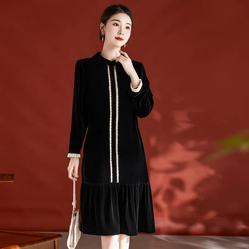 BirdTree, Real Silk Velvet Elegant Dresses, Women Long Sleeve Lapel Ruched, Commute Retro OL Dress, 2024 Summer Autumn D47111QM