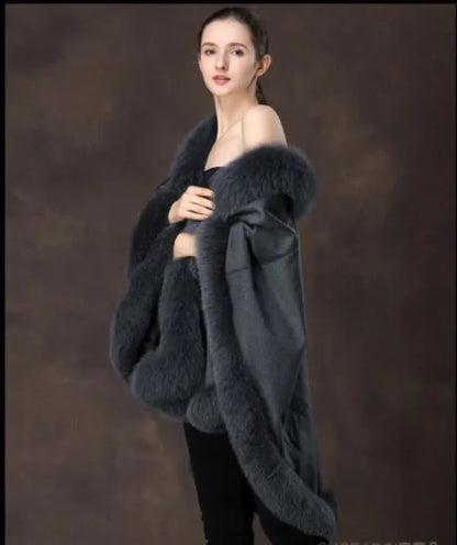 Real Fox Fur Trimming Real Cashmere and Wool Cape Shawls For Women's Wedding Party