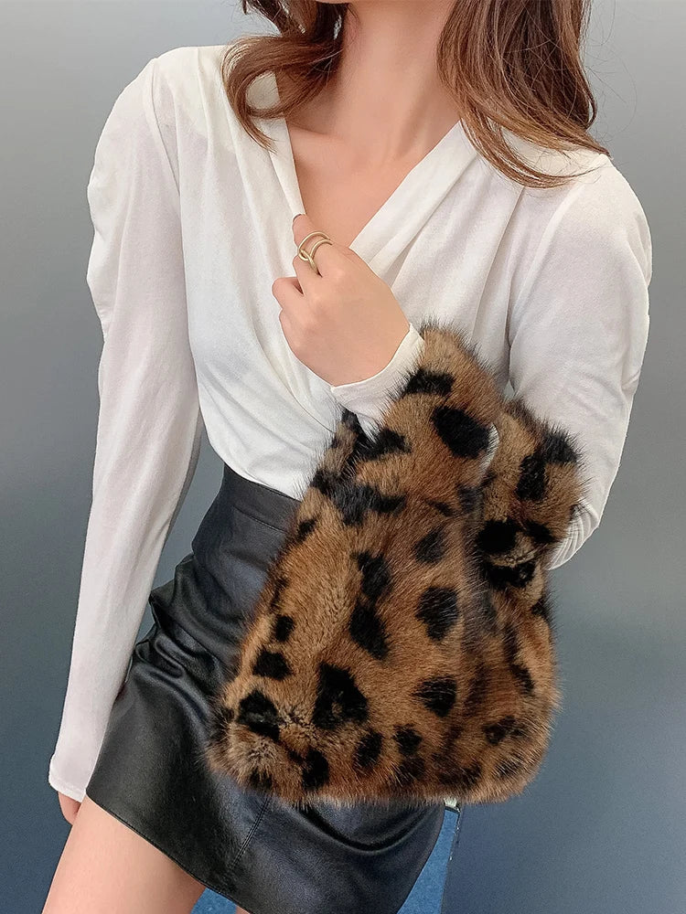 Luxury Fashion Real Fur Women's Bag Chain Leopard Fur Small Square Bag Ladies Handbags Real Mink Fur Shoulder Crossbody Bags