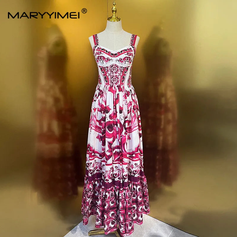 MARYYIMEI Vestido de algodón puro para mujer, vestidos largos con estampado de tirantes finos