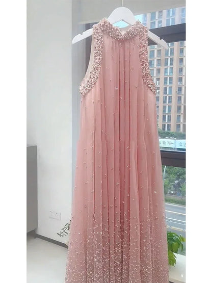 Vestido largo de fiesta rosa dulce de línea A suelto sin mangas con cuello redondo y cuentas de industria pesada estilo hada de moda para mujer verano 2024