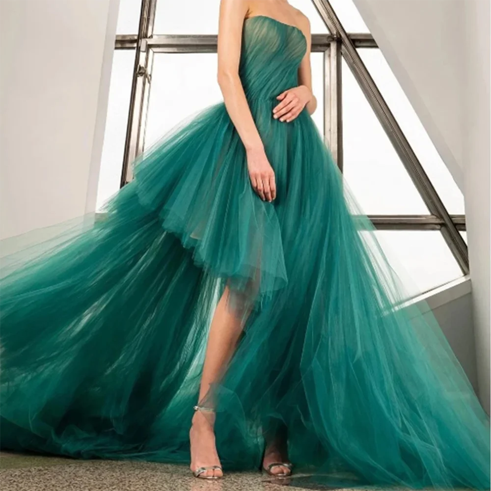 Luxury Classic Green Women Prom Party Dress A-Line Floor Length Irregular Cutting Strapless Sleeveless Vestidos De Fiesta فساتين