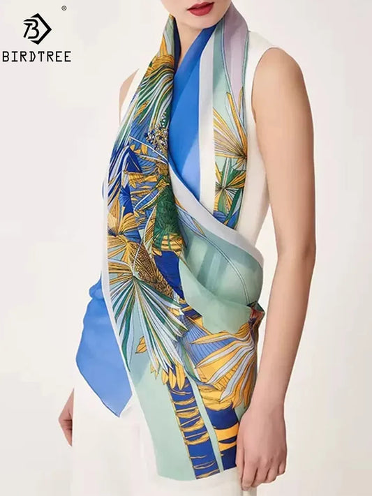 Birdtree, 100%Mulberry Slik Elegant Shawl, 180cm Women Printed, Gifts Original Design Scarf, Summer Autumn New A46267QM