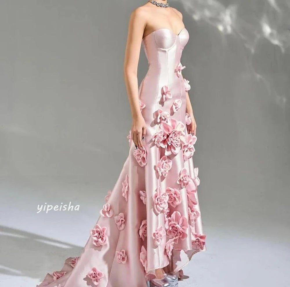 Jiayigong High Quality  Evening Satin Flower Ruched Formal  A-line Sweetheart Bespoke Occasion Gown Midi Dresses