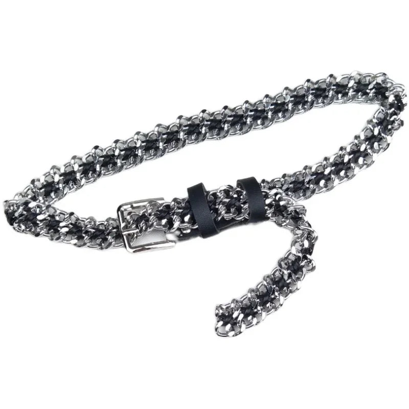 Ceinture Punk en Cuir PU avec Chaîne en Métal Noir pour Femme avec Boucle Argentée Dorée