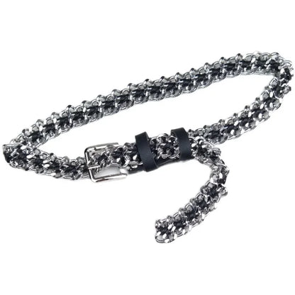 Cinturón estilo punk de piel sintética con cadena de metal negra para mujer con hebilla dorada y plateada