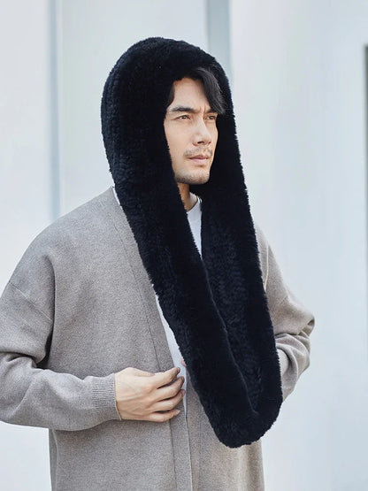 Men Real Rex Rabbit Fur Hat Scarf One-Pieces Winter Warm Earmuffs Snow Cap Headwear Black Grey