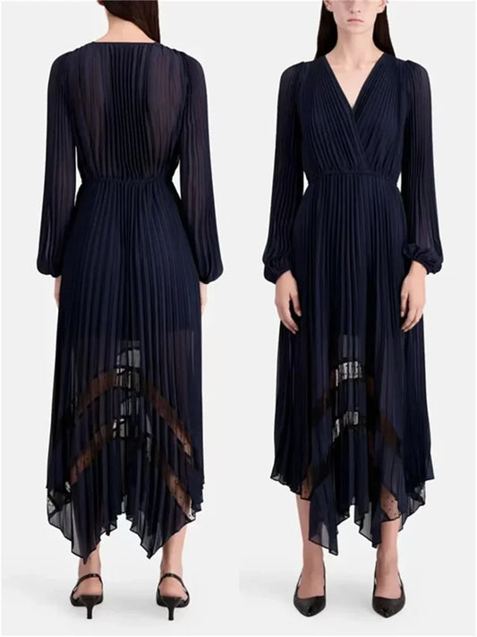 Ladies Long Sleeve Elastic Waist Slim Elegant Temperament Long Robe Spring New 2024 Women V-Neck Irregular Pleated Dress