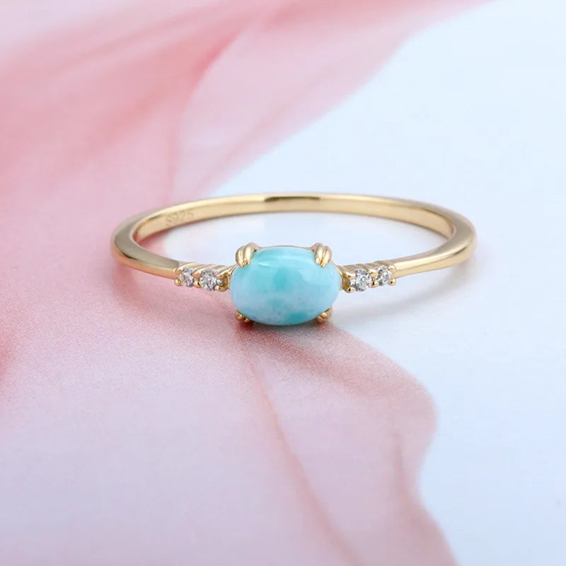 LAMOON Gemstone Rings Natural Larimar Ring For Women 925 Sterling Silver K Gold Plated Sea Pattern Blue Stone Fine Jewelry RI184