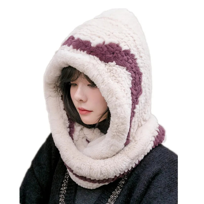 Fashion Women WInter Girls Fashion Warm Knitted Real Rex Rabbit Fur Hat Beanie Hat Scarf in one pieces