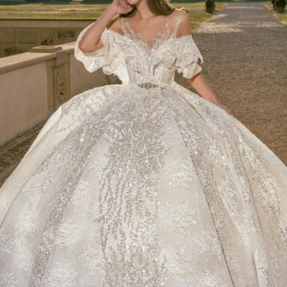 Elegante vestido de novia de princesa con apliques y cuentas para novia, vestido de novia largo hasta el suelo brillante