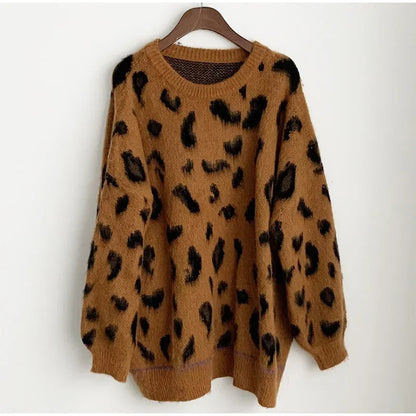 Autumn Warm Leopard Print Pullover for Women Casual Loose Oversized Sweater Pullovers O Neck Long Sleeve 2024 Women's Jumpers