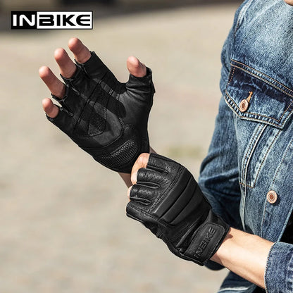 INBIKE Fingerless Motorcycle Gloves Men Summer Breathable Goatskin Leather Gloves for Cycling Motorbike Motorcyclist Accessories