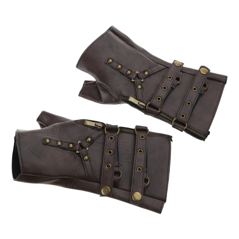 Guantes sin dedos de cuero de PU con remaches Steampunk para hombres y mujeres, guantes de medio dedo