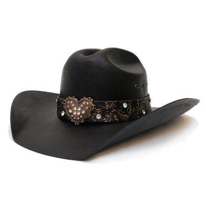 Chapeau de soleil rétro vintage en cuir avec ceinture en forme de cœur pour femme, style western américain, à large bord, style cow-boy, style cow-girl, 57-61 cm