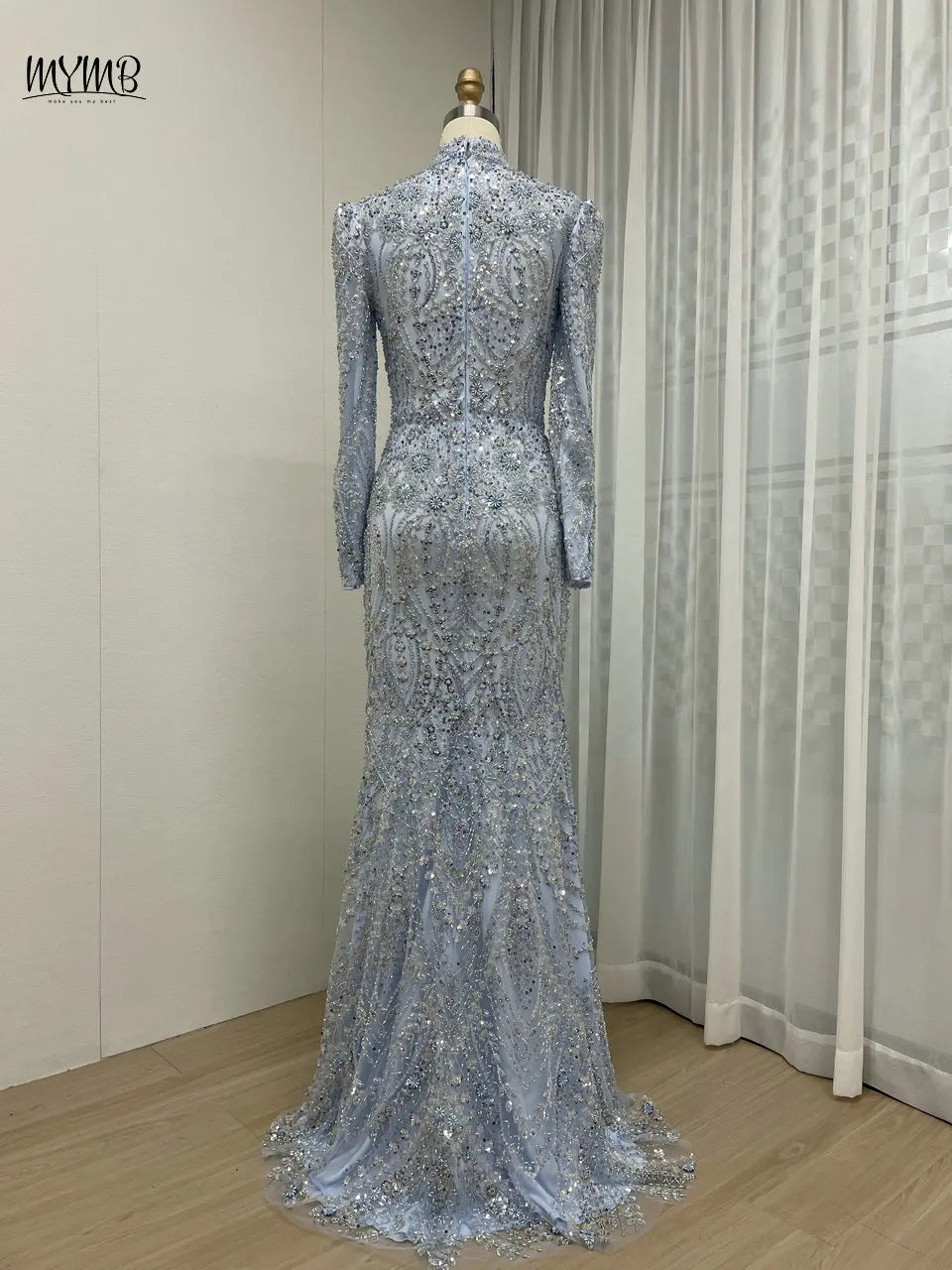 MYMB Robe de soirée de luxe à col haut et manches longues avec perles, robe de soirée élégante pour invités de mariage, style musulman, bleu, sirène