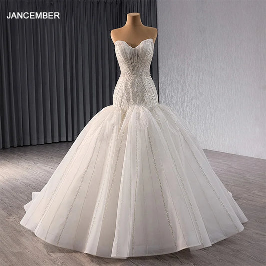 Jancember Exquisite Wedding Dresses Mermaid Strapless Ruched Sequins Formal Lace Up Beach Party Dresses vestidos novias boda