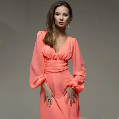 Women Vintage Maxi Dresses 2023 Summer Sexy Deep V-Neck Long Sleeve Dress