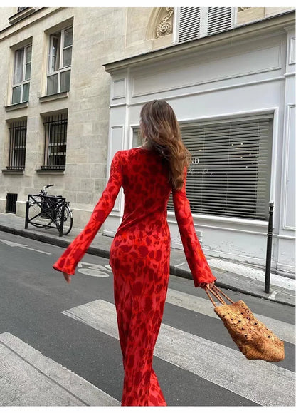 100% silk sexy Maxi dress with rose print O-neck long sleeved women's long skirt