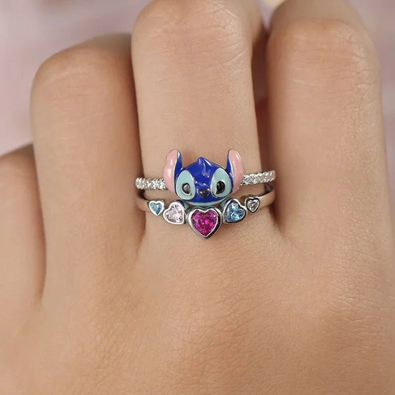 Disney Cute New Cartoon Lilo & Stitch Rings Women Girl Fashion Anime Jewelry Accessories Clear Crystal Angel Ring Kid Party Gift