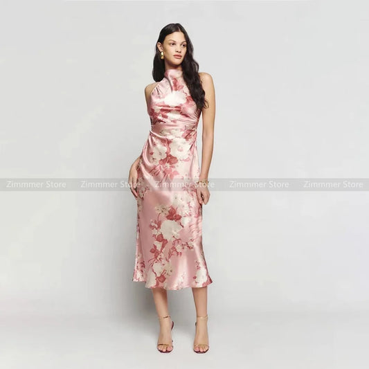 High Quality Temperament Pink Printed Swing Neck Cross Backless Sexy Silk Long Dresses