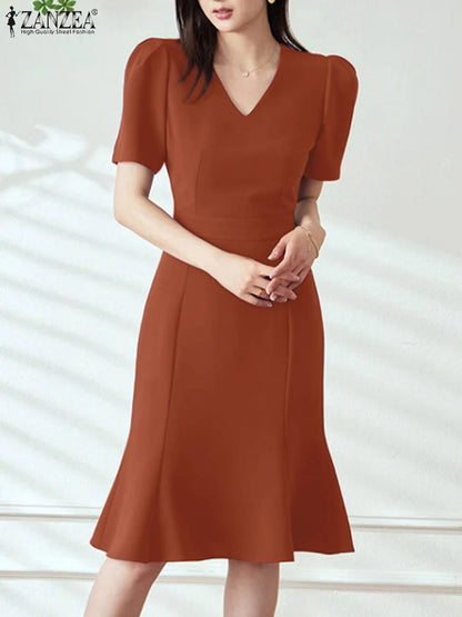 ZANZEA Elegant V Neck Slim Fit Dress Women Summer Party Sundress Office OL Vestidos Short Sleeve Work Robe Stylish Dresses 2024