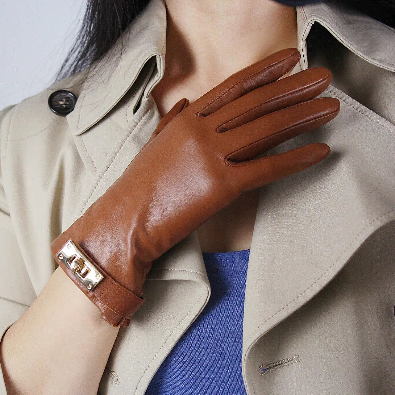 DooWay Women Real Leather GLOVES TECH Wrist Short Brown Lambskin Sheepskin Golden Button Lock Closure Driving Warm Winter Glove