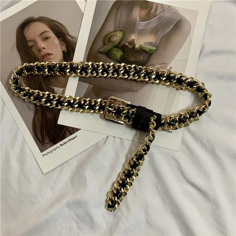 Ceinture Punk en Cuir PU avec Chaîne en Métal Noir pour Femme avec Boucle Argentée Dorée