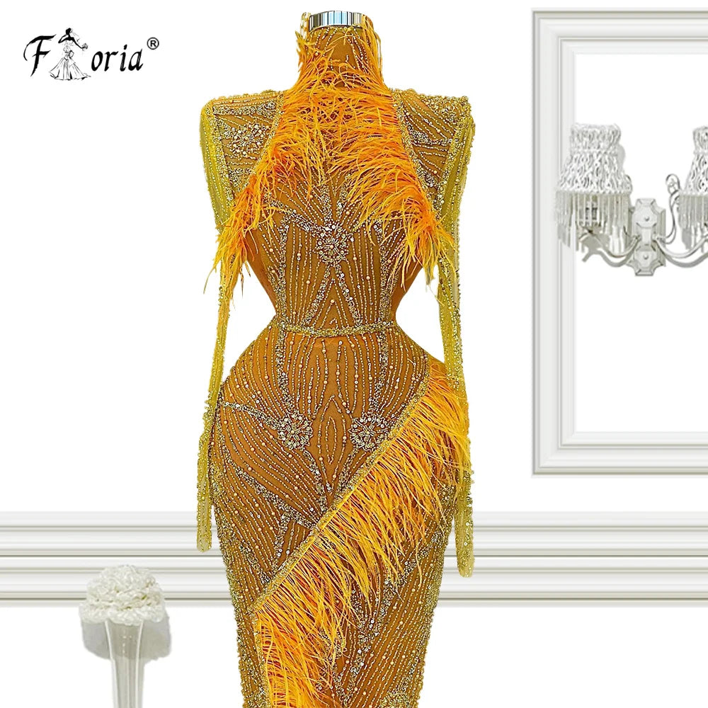 Feathers Orange Evening Dresses 2022 Luxury Arabic Dubai Mermaid Beads Women Evening Wear Celebrity Party Dress Long Prom Gown