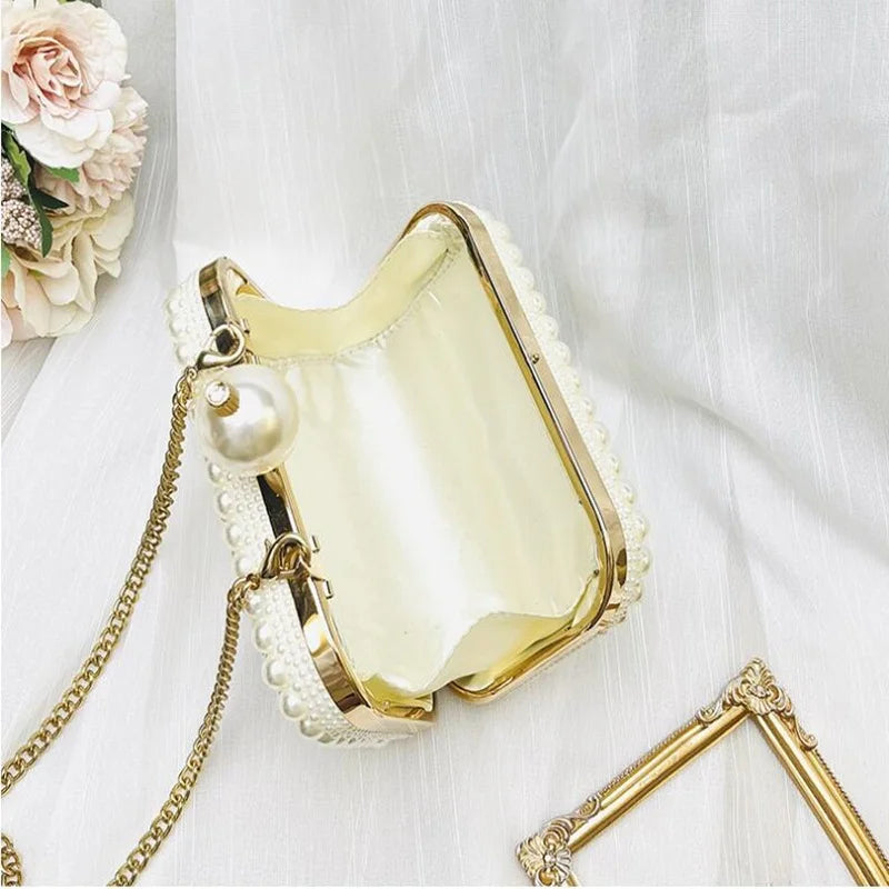 White Pearl Chain Shell Bag Genuine leather Handmade Women Square Clutch Evening Bag Size 15.5*11*5.5