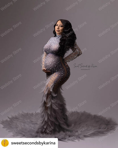 Vestidos de maternidad con cuentas brillantes para sesión de fotos, vestidos largos de sirena con diamantes de cristal sexys para embarazadas, vestido de sirena con plumas para mujer