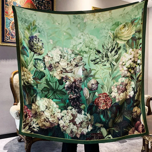 High-end Elegant Women's Exquisite Hydrangea Double-sided Printed Quality Silk Wool Hand-rolled Edge Large Square Scarf Shawl