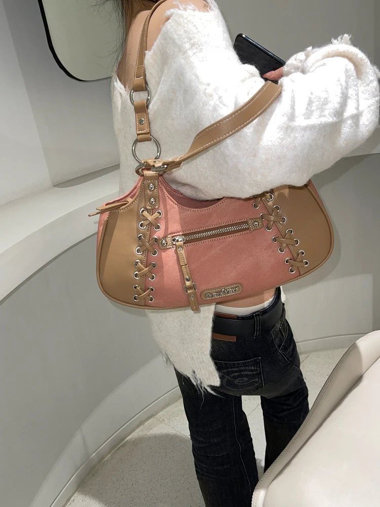 Sac à bandoulière portable pour femme en cuir synthétique PU avec coutures carrées et sangle de grande capacité, tendance, noir et rose