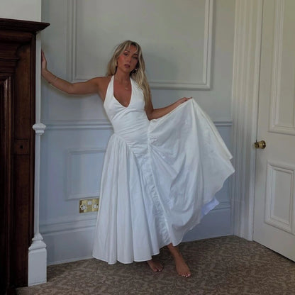 Robes maxi d'été Oligai pour femmes 2024 Nouveautés en robes de soirée blanches à licou Robe évasée longue dos nu décontractée sexy