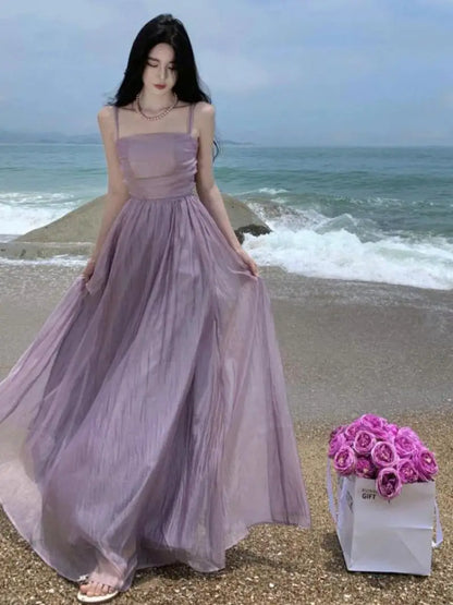 Robe longue violette à bretelles spaghetti vintage pour femme 2023 Été Sexy Tulle Plis Fée Soirée Dos Nu Vêtements Féminins