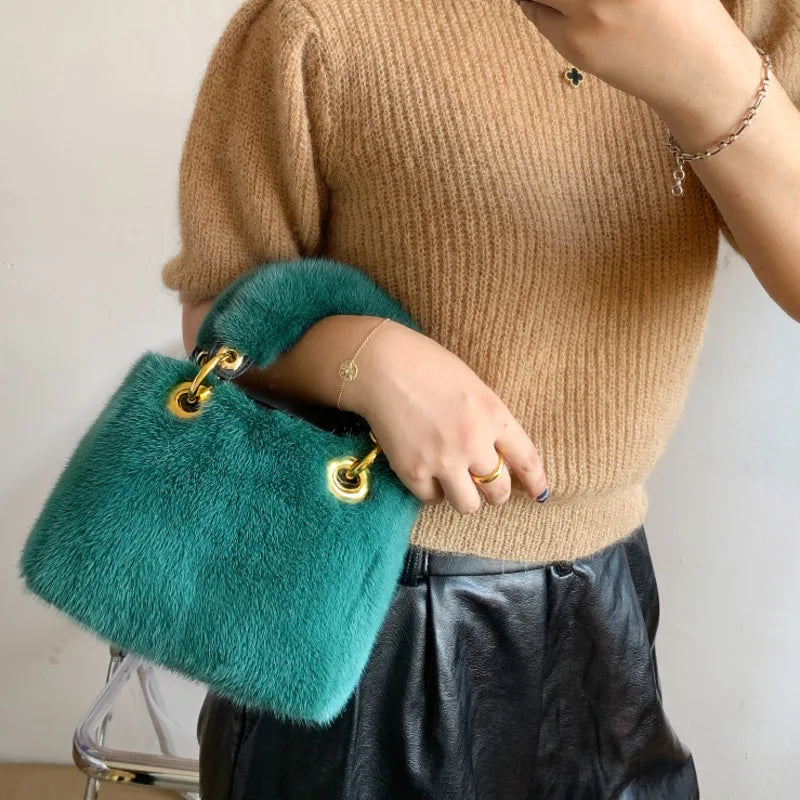 Mink Fur Handbag Small Square Bag Woman Shoulder Bag  Party Hand Bag Woman  Fashion Plush Bag Real Mink Fur Bag Furry Fur Bag