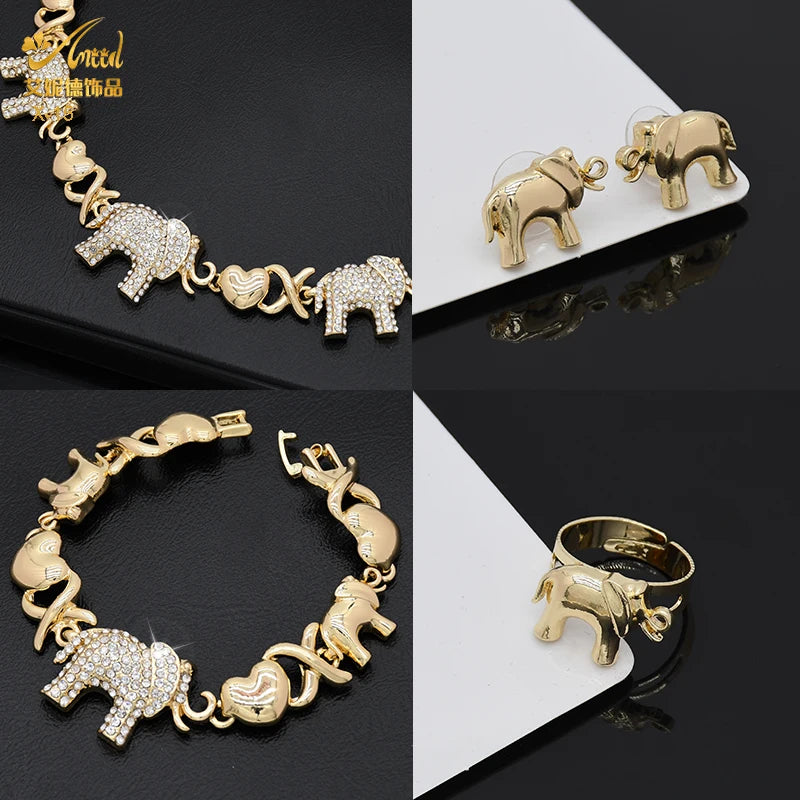 ANIID XOXO Women Jewelry Necklace Set 18K Gold Color Bride Elephant Rhinestone Wedding Necklace Earrings Bracelet Ring Set Gift