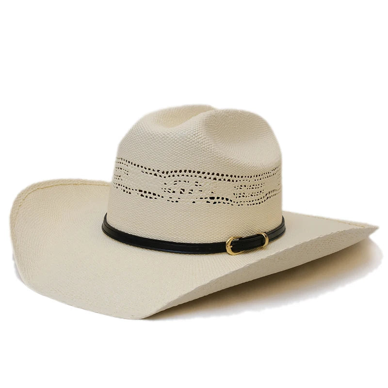 Simple Black Belt Hollow-out Yellowstone Hard Straw Beach American Western Wide Brim Cowboy Cowgirl Sun Hat Pinch Front 55-61cm