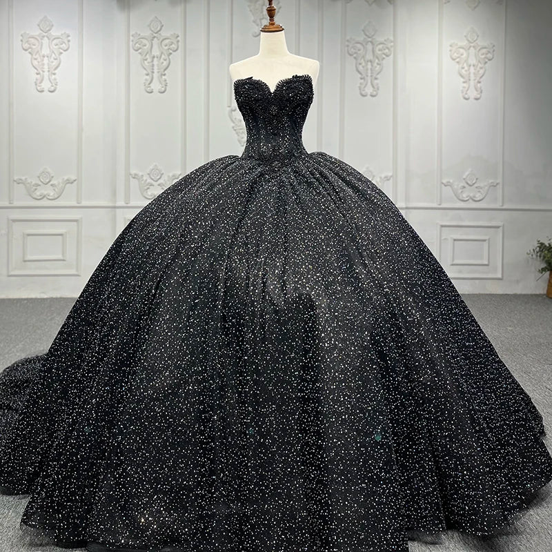 Exquisito vestido de quinceañera negro de lujo con escote en forma de corazón y cuentas, vestido de fiesta sin mangas DY9888, vestido de noche para fiesta