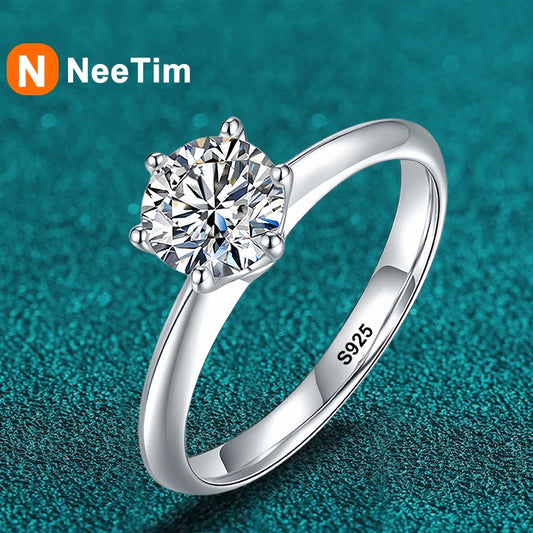 Bague de mariage NeeTim en argent sterling 925 avec diamant Moissanite de couleur D de 1 carat pour femme, bijou fin avec certificat